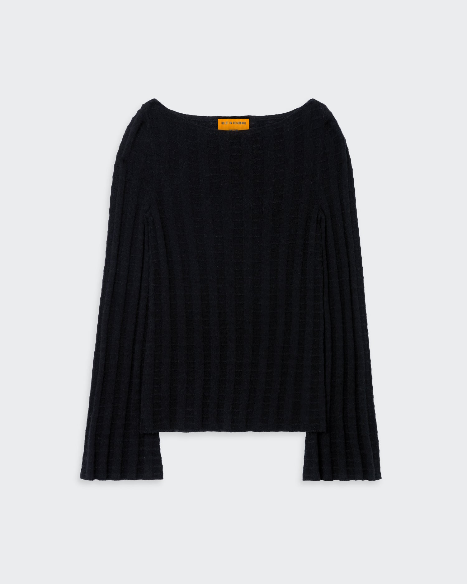Black flared sleeve top with textured ribbing and signature branding.