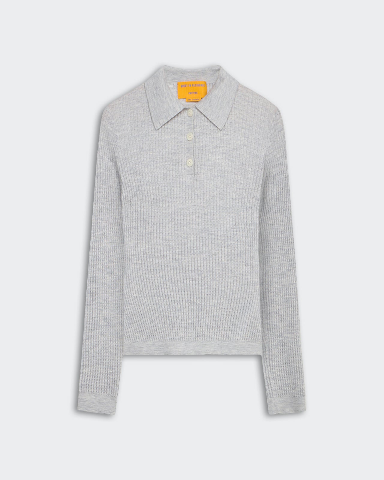 Light gray extra lightweight waffle knit shrunken polo with ribbed collar, three-button placket, cuffs, and hem trim