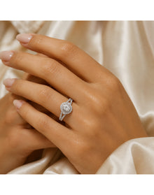 Lab Grown Diamond Halo Ring Silver Oval Center Twisted Pave Band | Silver