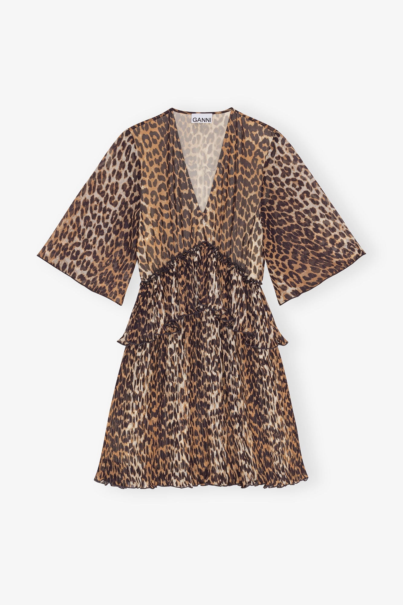 Leopard Pleated Georgette V neck Flounce Mini Dress | Almond Milk