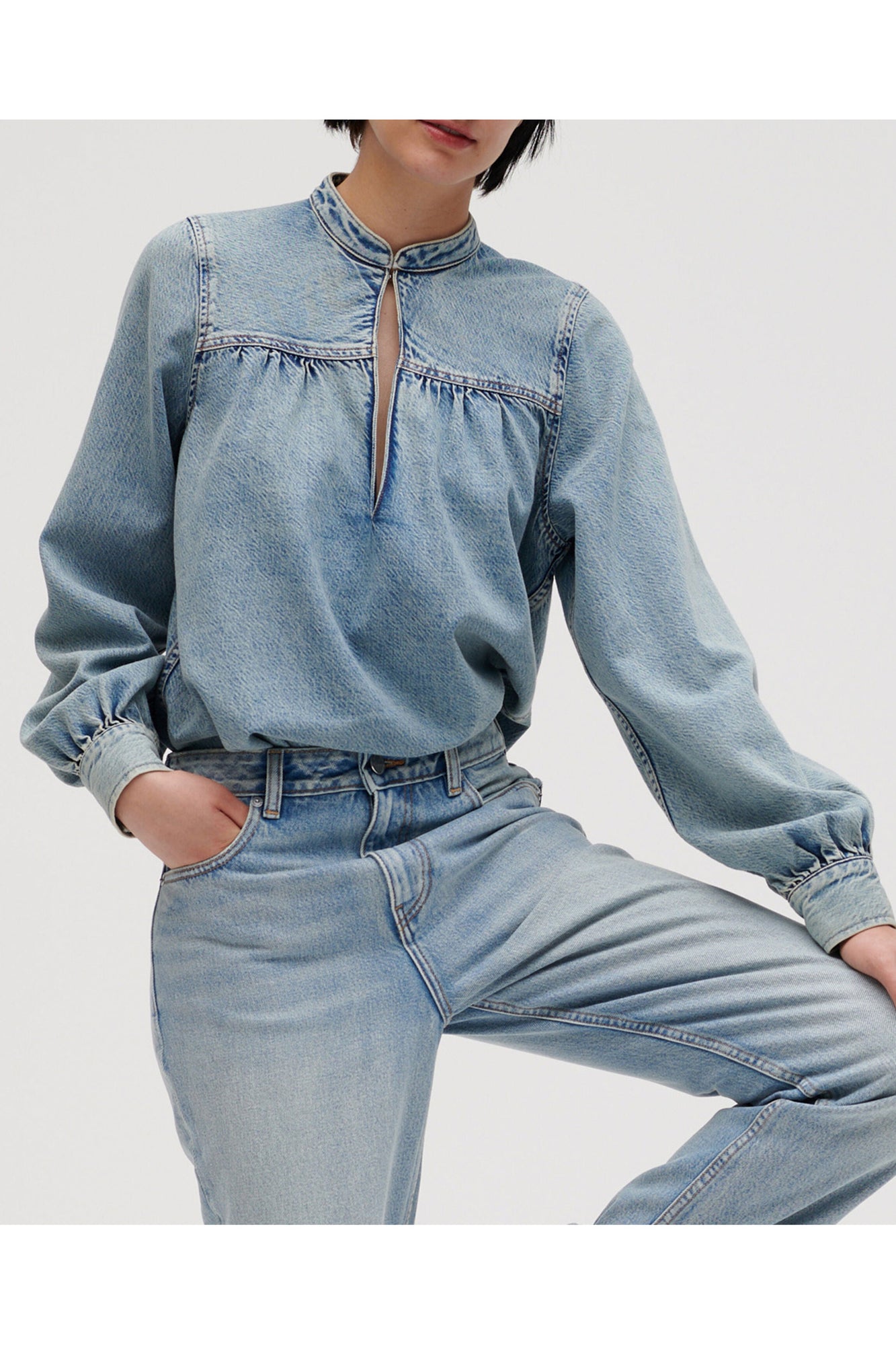Light Denim Gathered Loose Blouse | Tint Wash