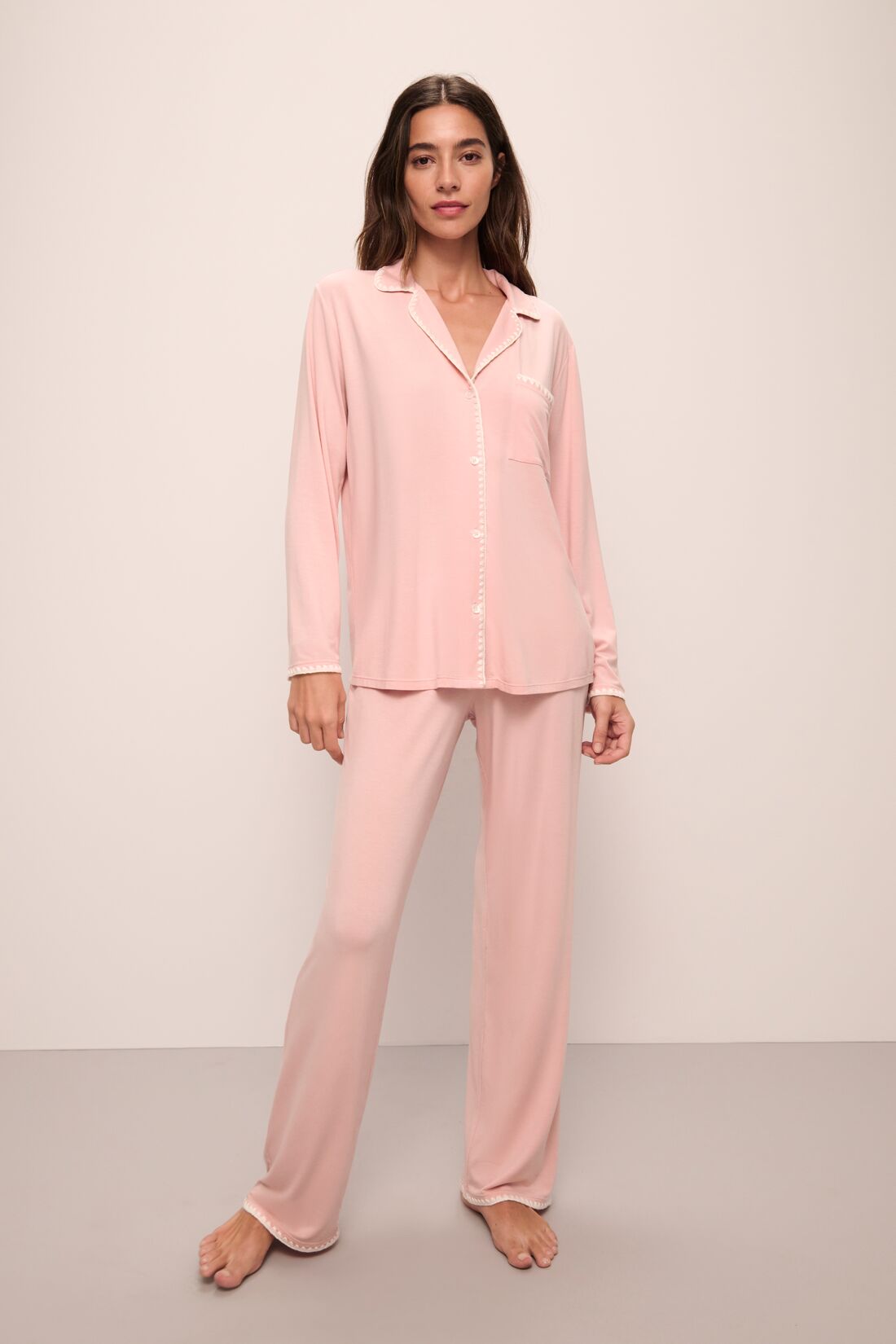 Model wears Frida TENCEL Modal Long PJ Set in Silver Pink/Ivory.