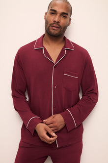 Model wears William TENCEL Modal Long PJ Set in Cabernet/Ivory.