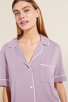 Model wears Gisele TENCEL Modal Short Sleeve & Pant PJ Set in lavender/ivory.