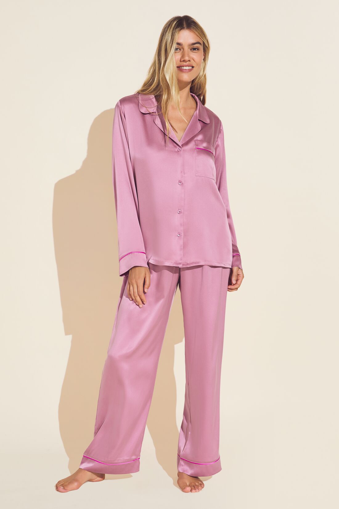 Model wears Inez Washable Silk Long PJ Set in Foxglove/Italian Rose.