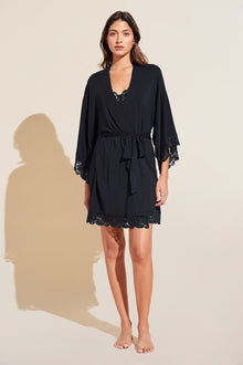 Model wears Naya TENCEL Modal Robe in Black.