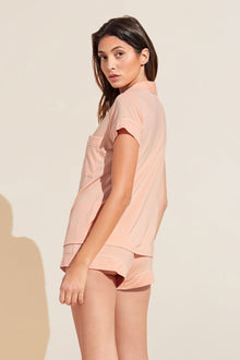 Model wears Model wears Gisele TENCEL Modal Shortie Short PJ Set in peach parfait/ivory.