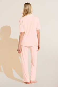 Model wears Gisele TENCEL Modal Short Sleeve & Pant PJ Set in petal pink/ivory.
