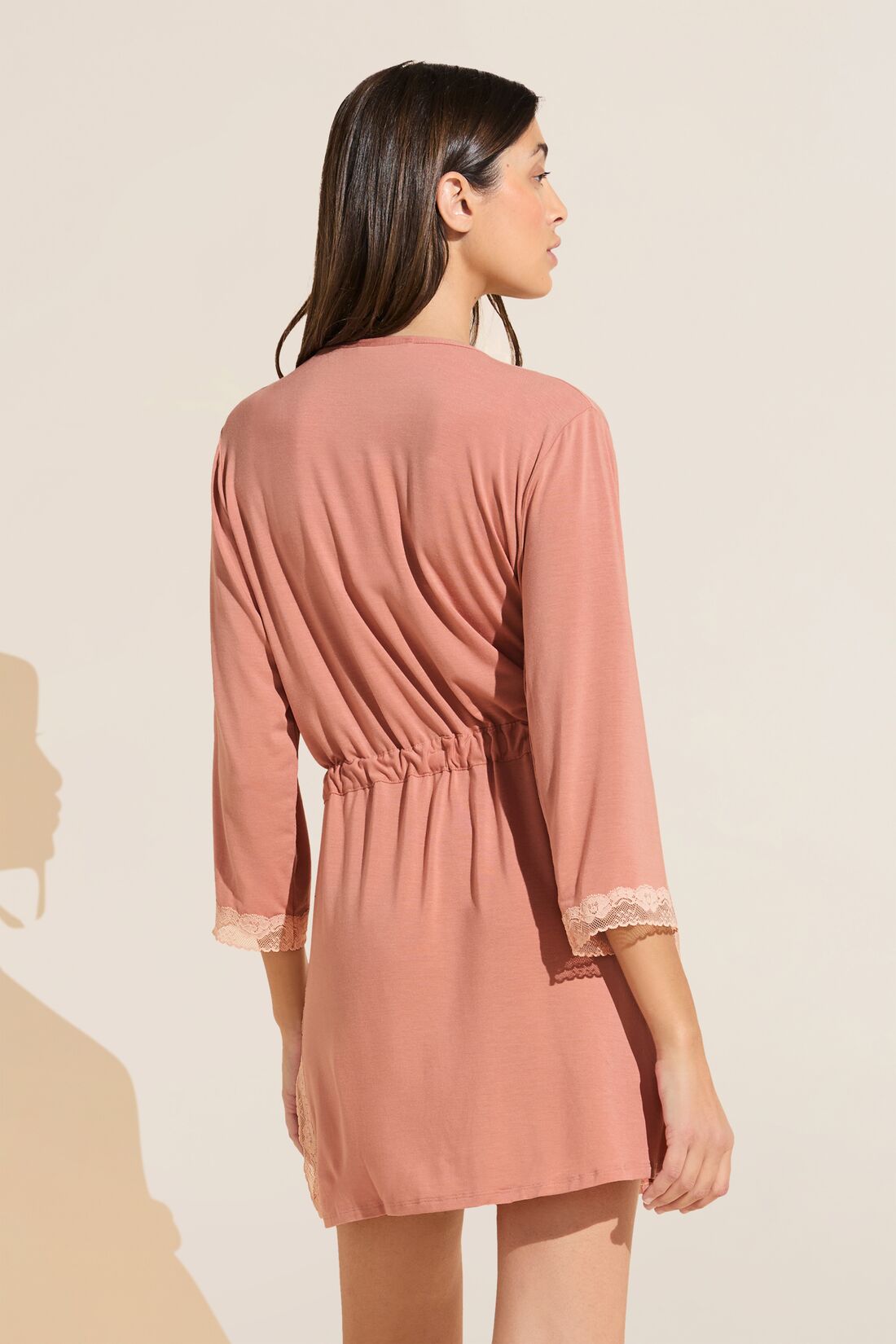 Model wears Flora TENCEL Modal 3/4 Sleeve Robe in Pink Rouge/Rose.