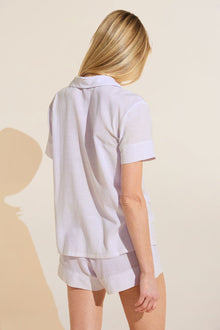 Model wears Nautico Shortie Short PJ Set in White/Lavender.