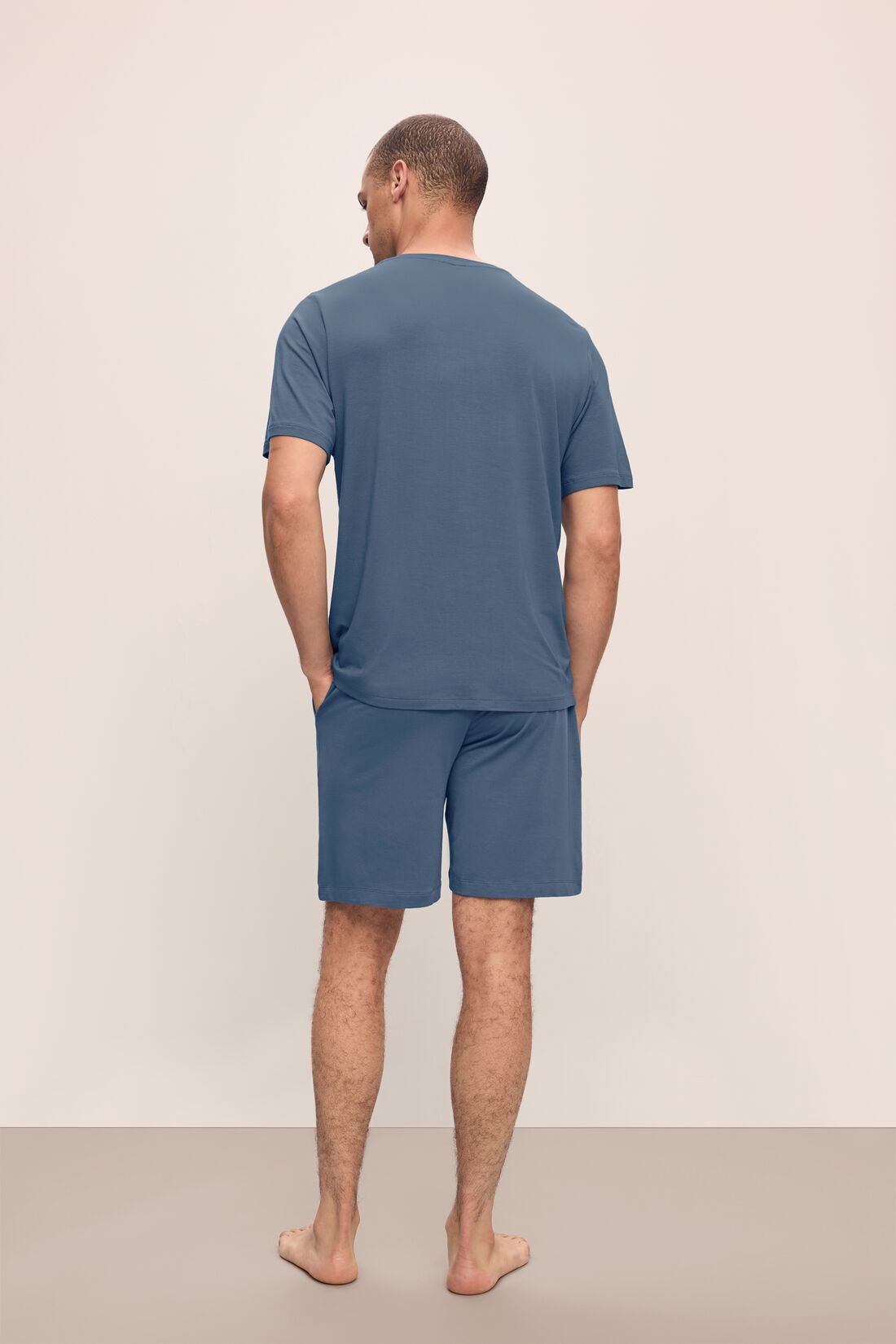 Model wears Henry TENCEL Modal Short PJ Set in Coastal Blue.