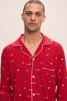 Model wears William Printed TENCEL Modal Long PJ Set in Winter Wonderland Haute Red/Ivoryory.
