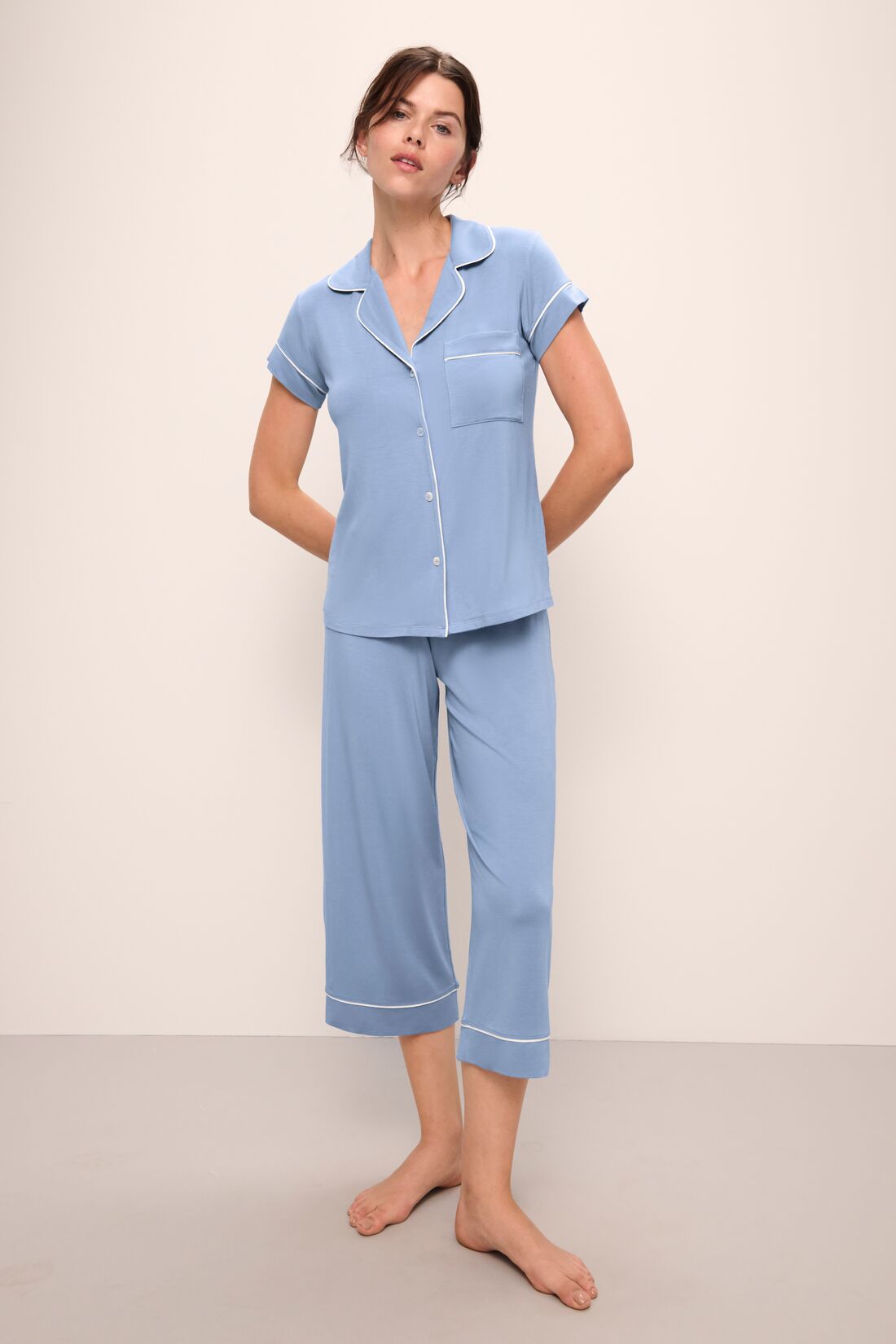 Model wears Gisele TENCEL Modal Short Sleeve Cropped PJ Set in wedgewood blue/ivory.