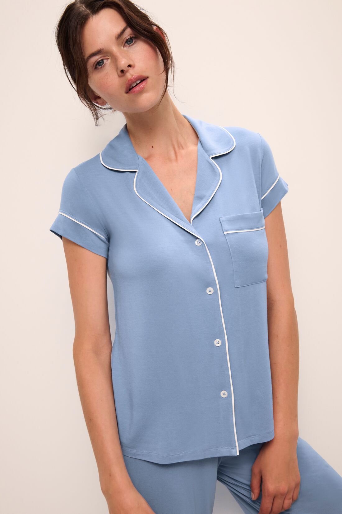 Model wears Gisele TENCEL Modal Short Sleeve Cropped PJ Set in wedgewood blue/ivory.