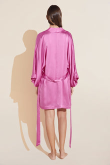 Model wears Inez Washable Silk Short Robe in Italian Rose.