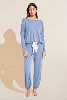 Model wears Gisele TENCEL Modal Slouchy PJ Set in wedgewood blue/ivory.