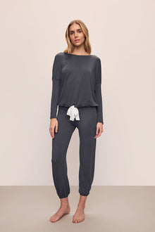 Model wears Gisele TENCEL Modal Slouchy PJ Set in Graphite/Ivory.