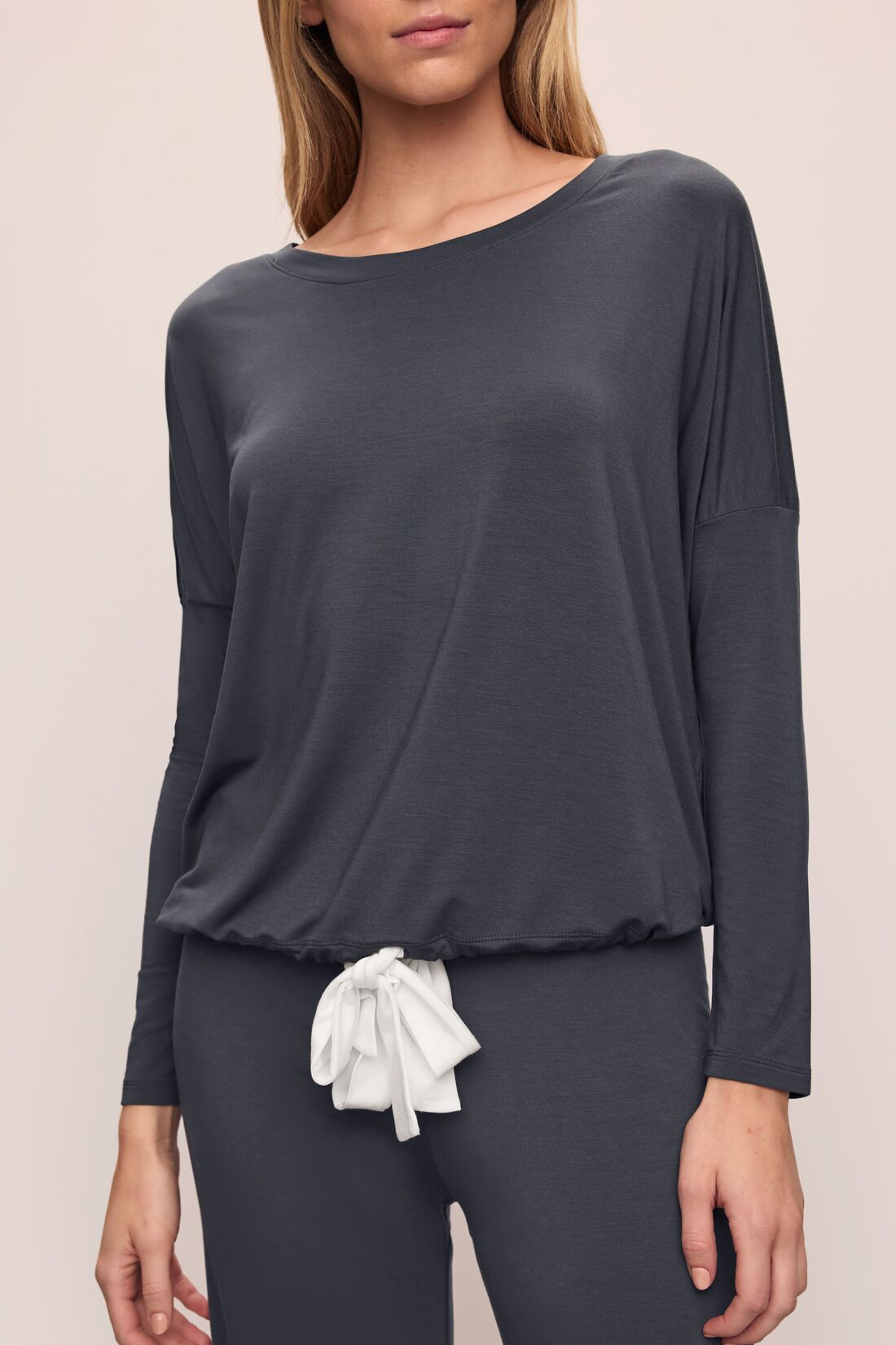 Model wears Gisele TENCEL Modal Slouchy PJ Set in Graphite/Ivory.