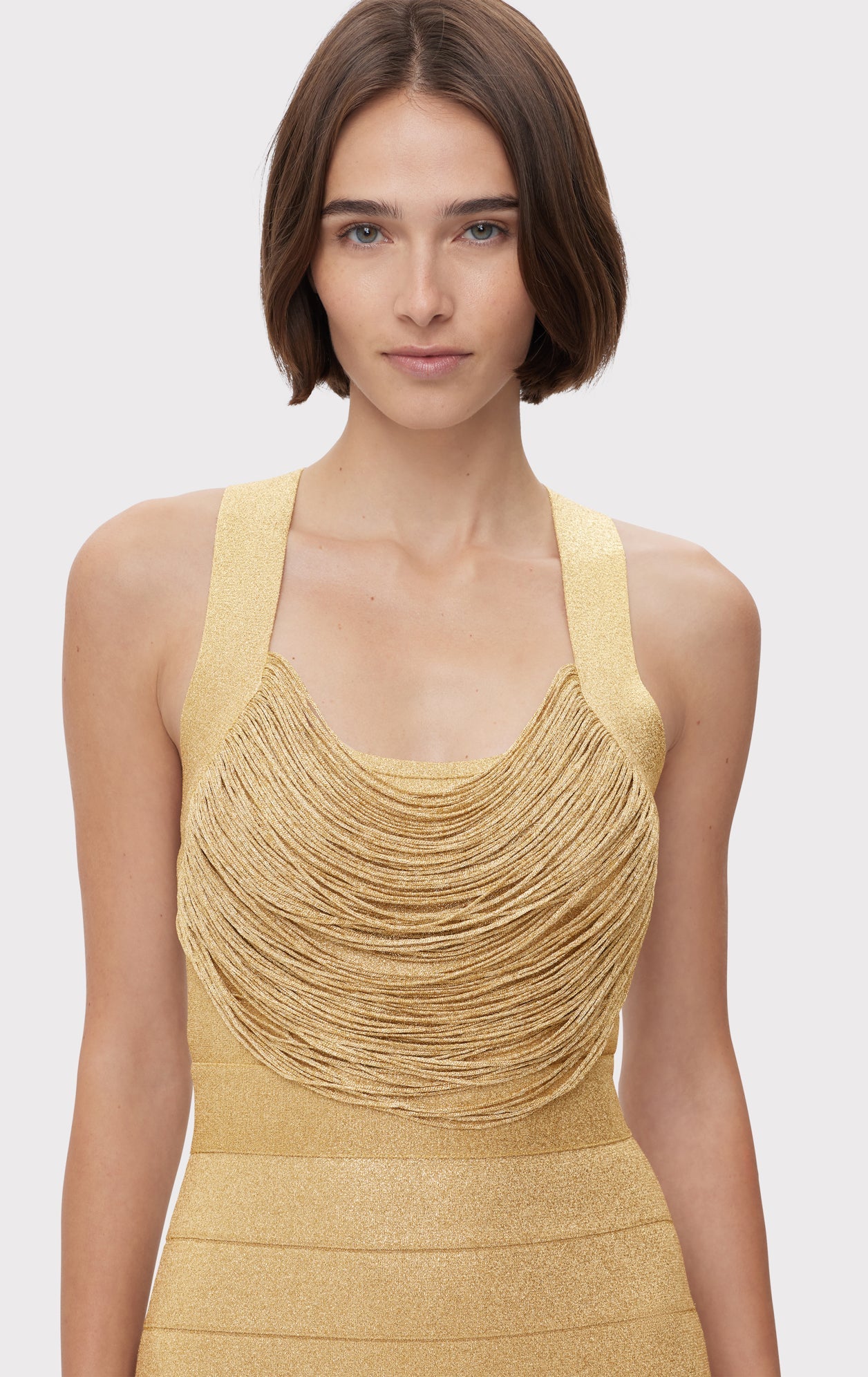 Disco Knit Fringe S/L Midi Dress | Metallic Gold