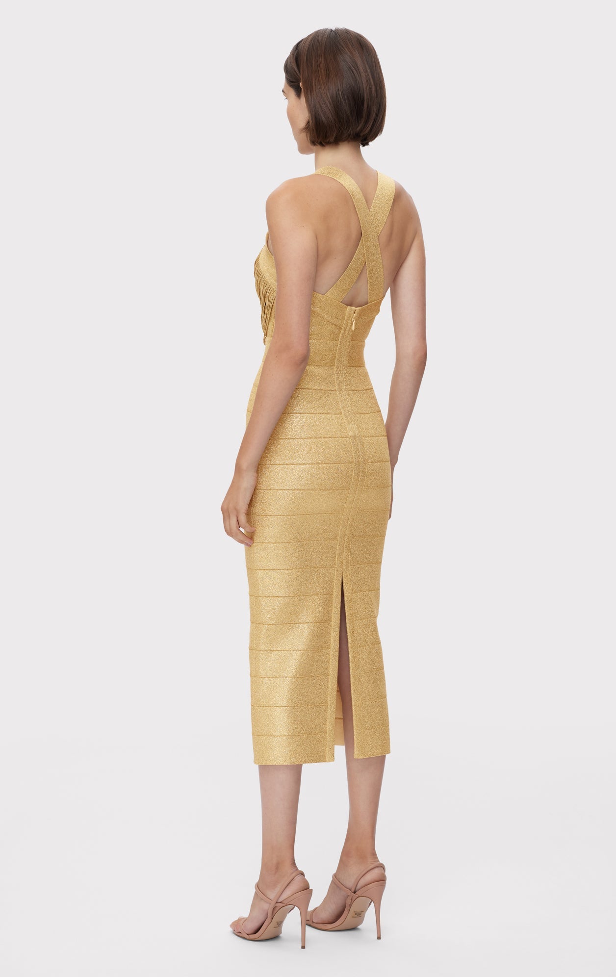 Disco Knit Fringe S/L Midi Dress | Metallic Gold