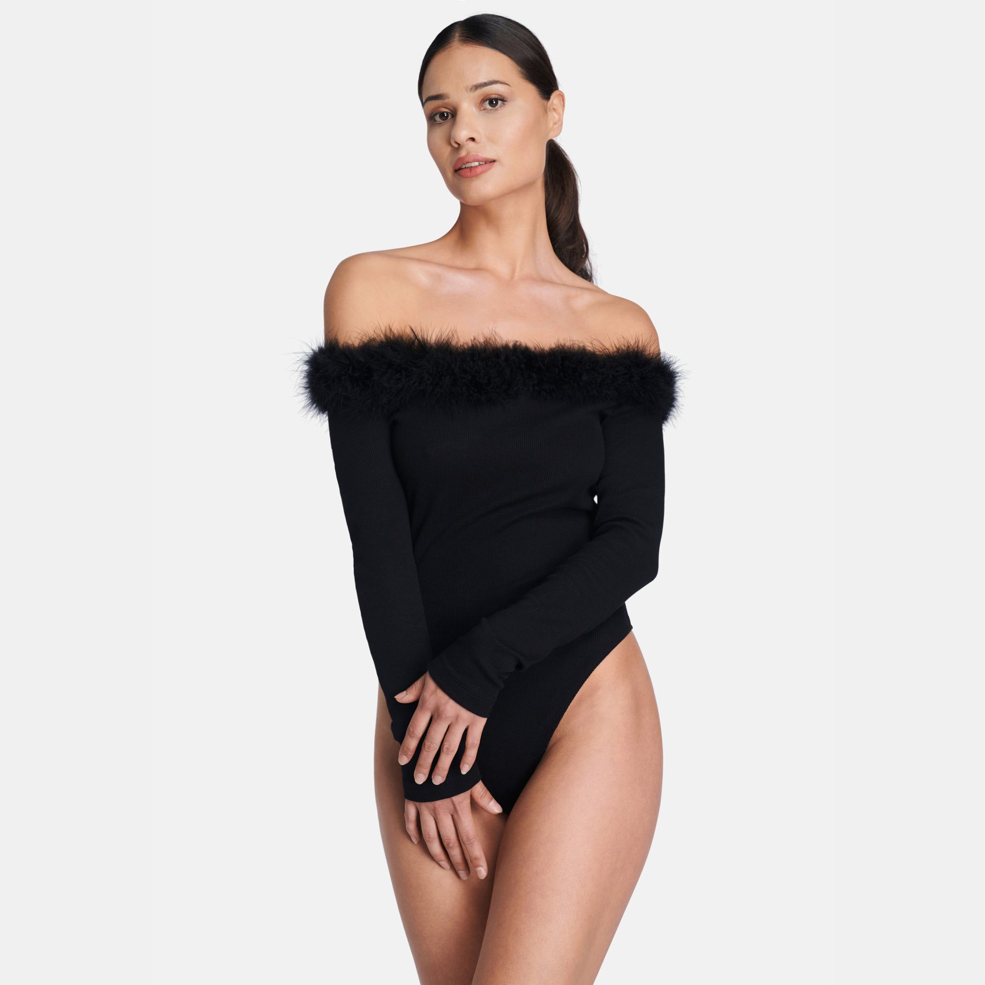 OW Collection Miranda Feather Bodysuit | Black Caviar