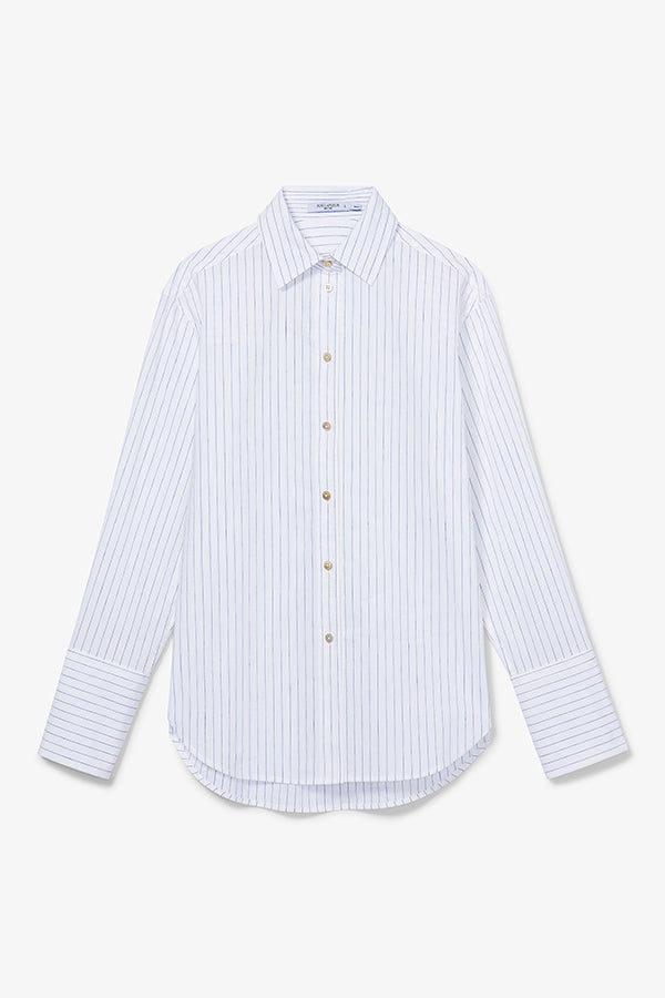 Packshot image of the Mila Button Down - Poplin Stripe in Blue / Ivory | Still | Exclude