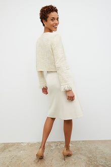 Back image of a woman wearing the Lilia Jacket - Interweave in Taupe / Ivory | Exclude | Grid Hover