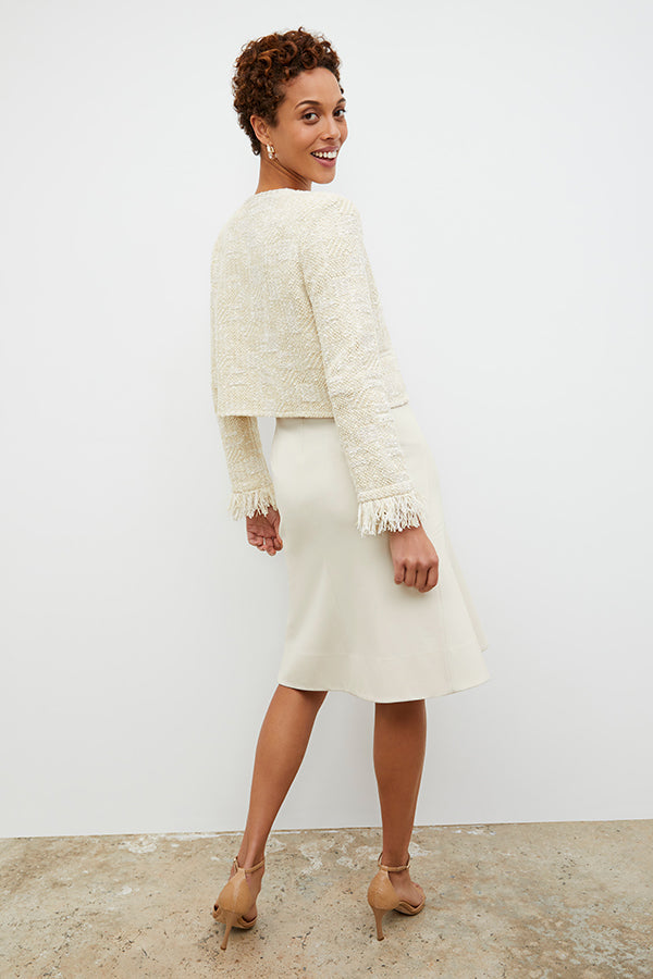 Back image of a woman wearing the Lilia Jacket - Interweave in Taupe / Ivory | Exclude | Grid Hover