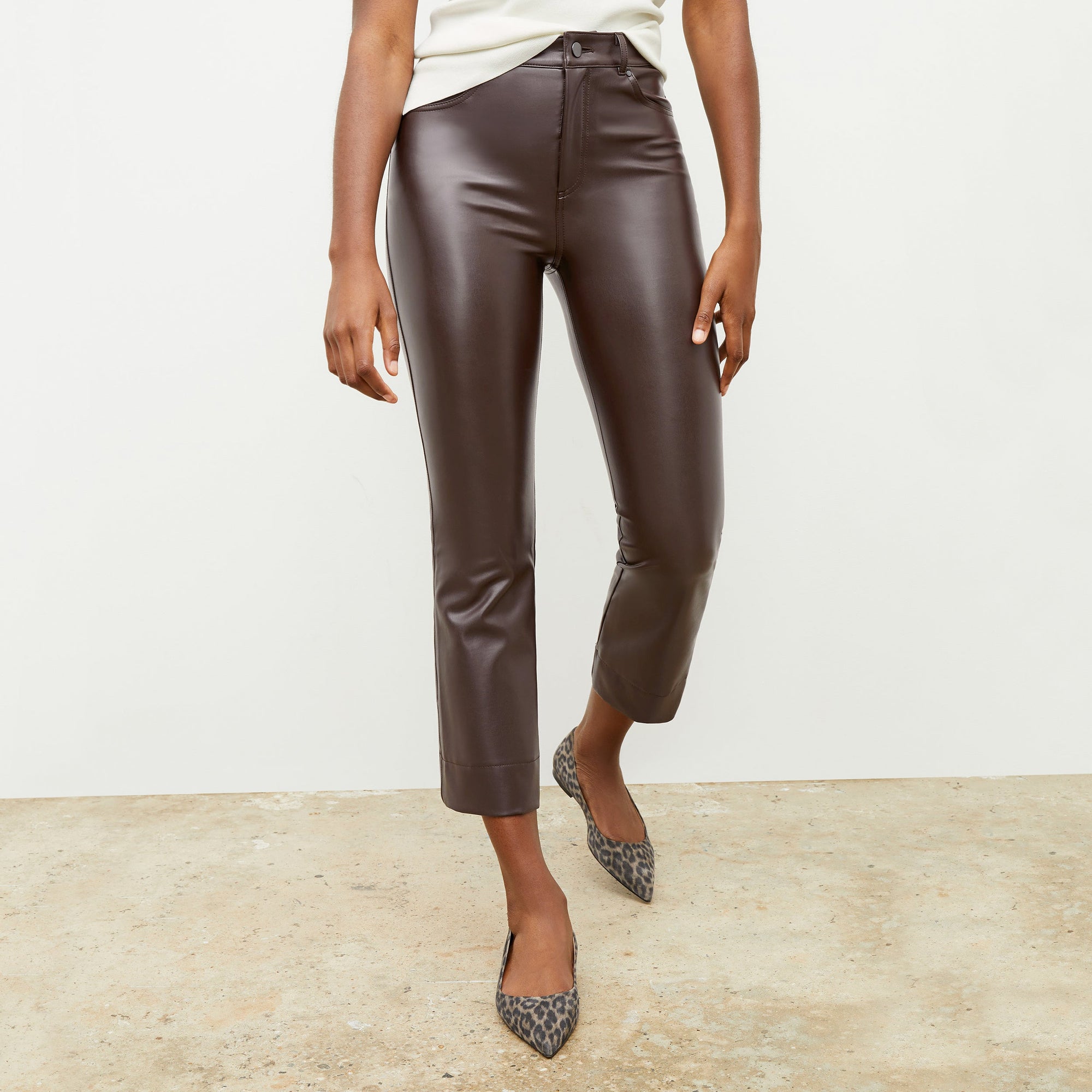 Front image of a woman wearing the archie pant in brown | Exclude