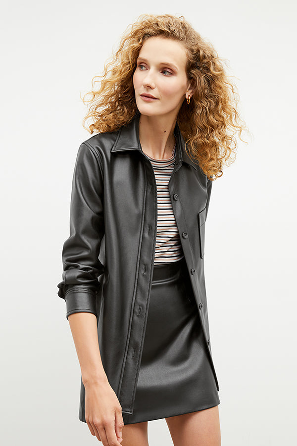Image of a woman wearing the Sierra Shacket - Vegan Leather in Black | Exclude