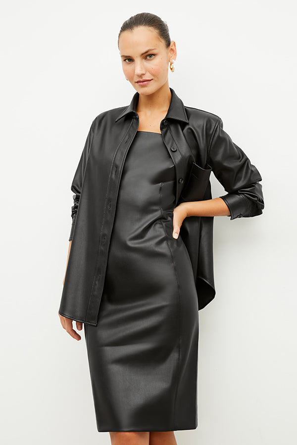 Image of a woman wearing the Sierra Shacket - Vegan Leather in Black | Exclude