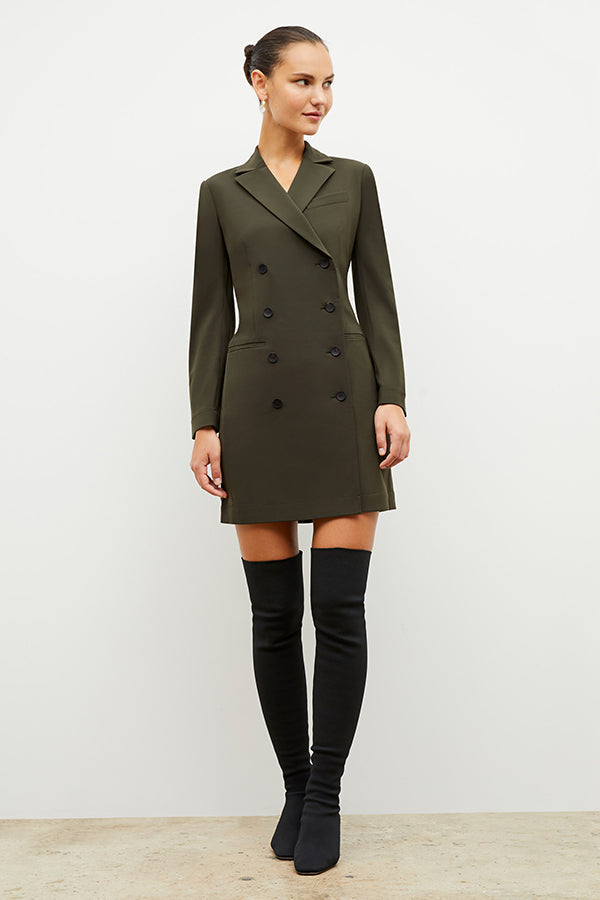 Front image of a woman wearing the gwynne dress in olive | Exclude