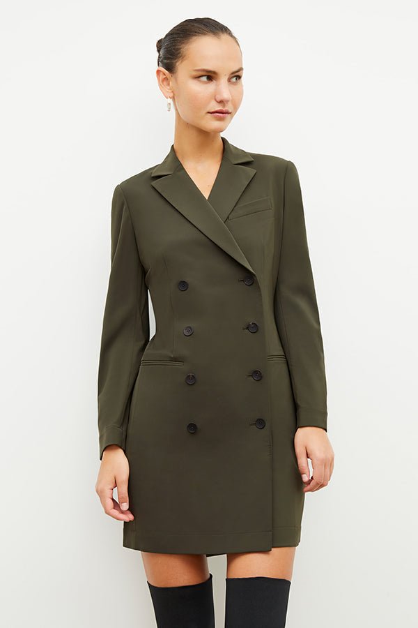 Front image of a woman wearing the gwynne dress in olive | Exclude