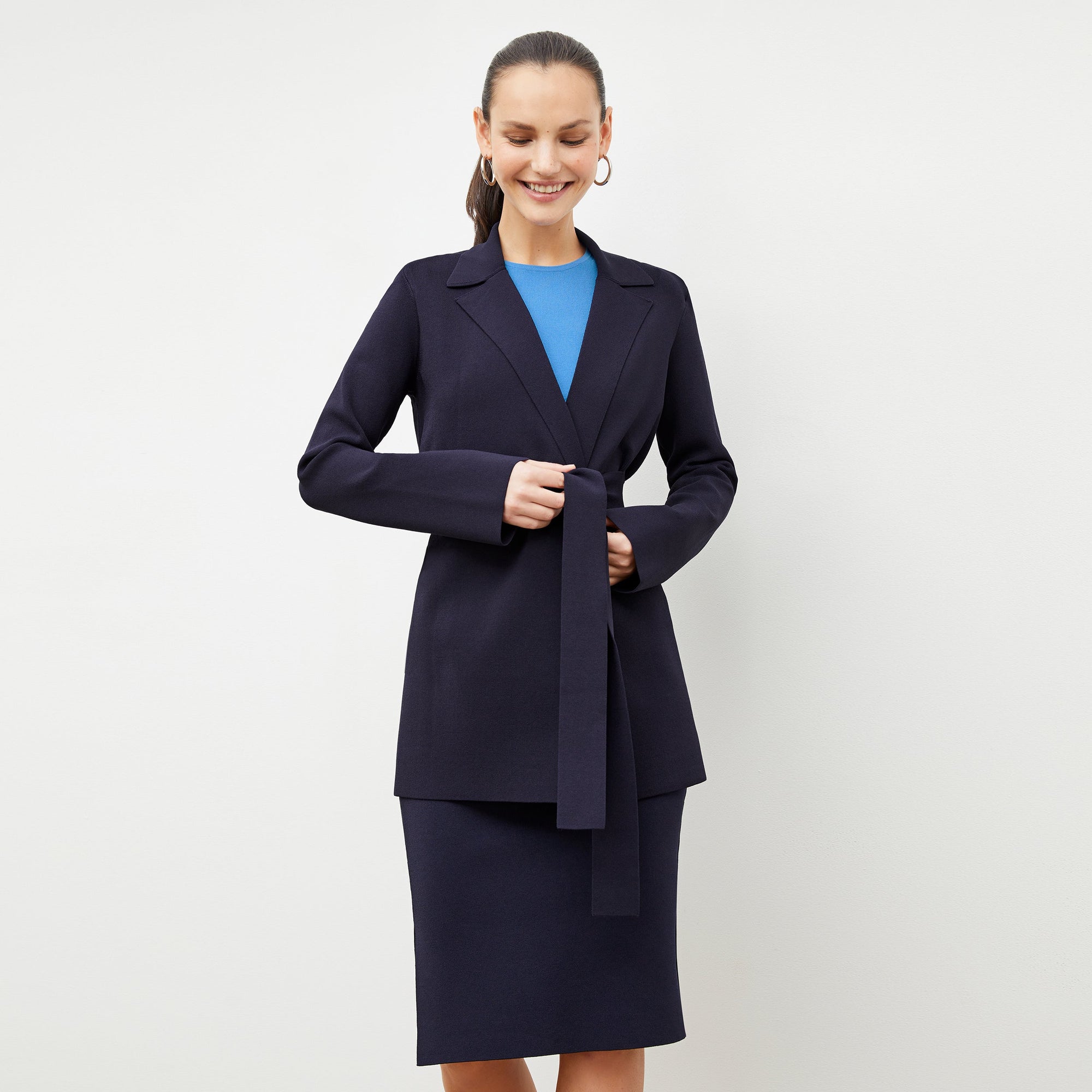 Front image of a woman wearing the Merritt Jardigan in Navy | Exclude