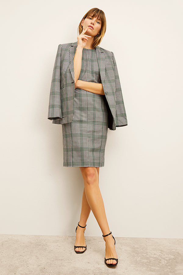 front image of a woman wearing the constance dress in check plaid | Exclude | Grid Hover