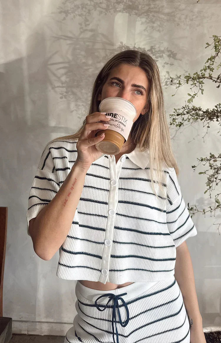 Maple Cropped Knit Sweater | White Navy Stripe