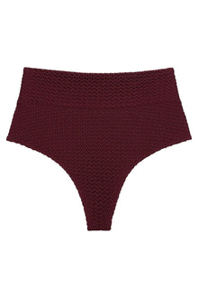 Maroon crochet textured high-rise bikini bottom with full coverage front and back.