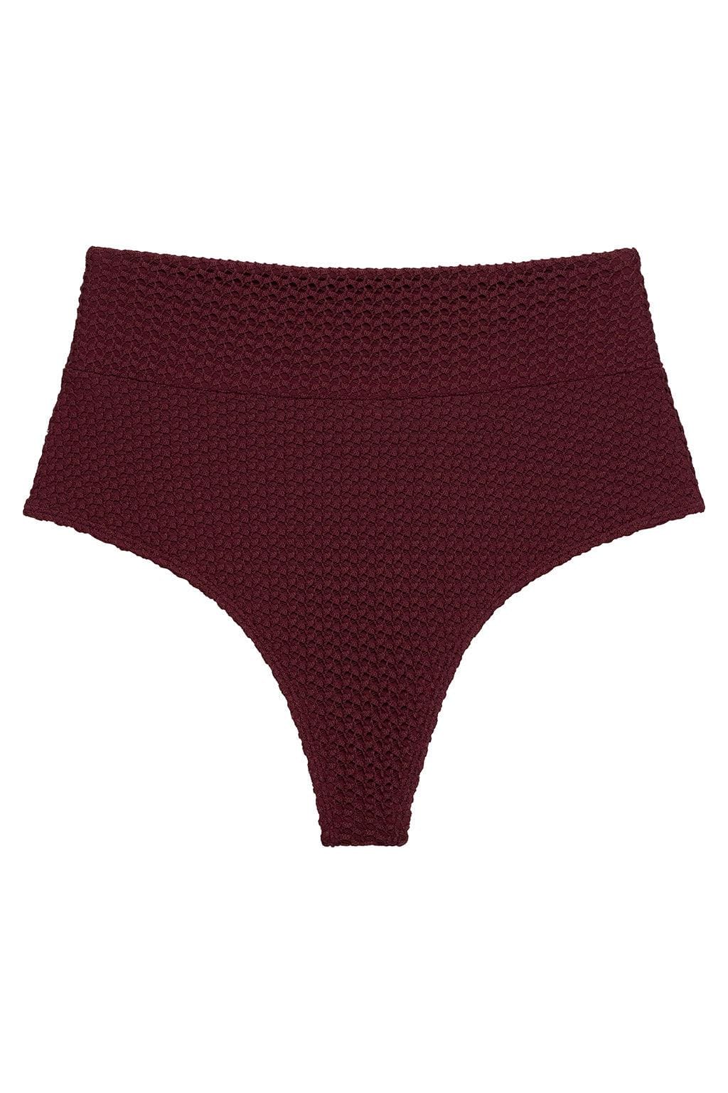 Maroon crochet textured high-rise bikini bottom with full coverage front and back.