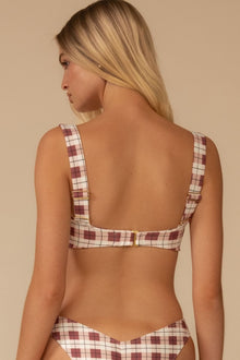 Maroon and white plaid bikini top with adjustable shoulder straps and hook-eye back closure.