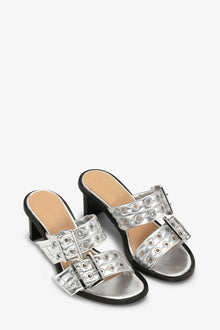 Metallic Feminine Buckle Heeled Mule Sandals | Silver