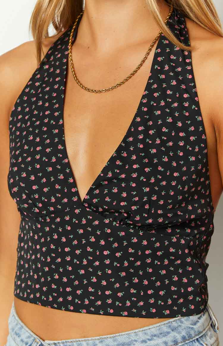 Midnight Blossom Floral Crop Top | Black