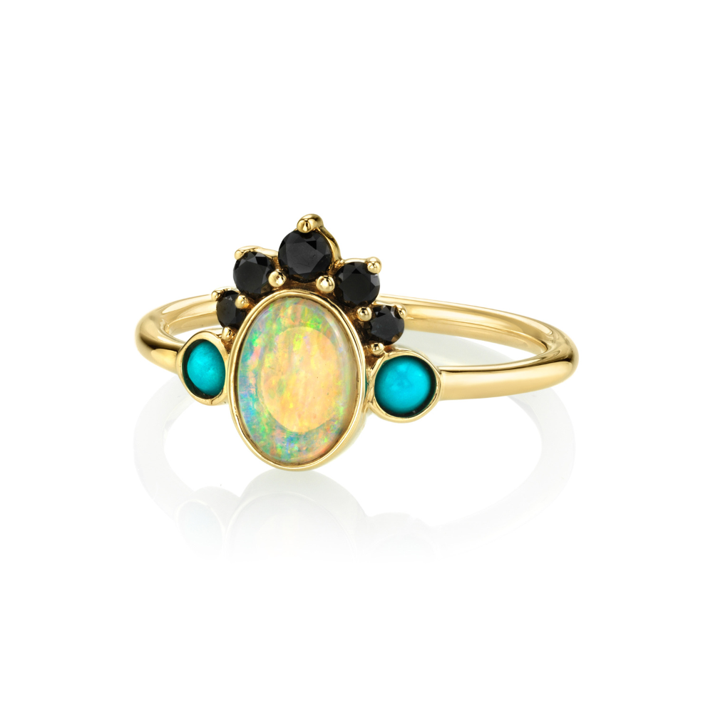 Women | Black Diamond Headdress Opal Gypset Ring | 14k Yellow Gold