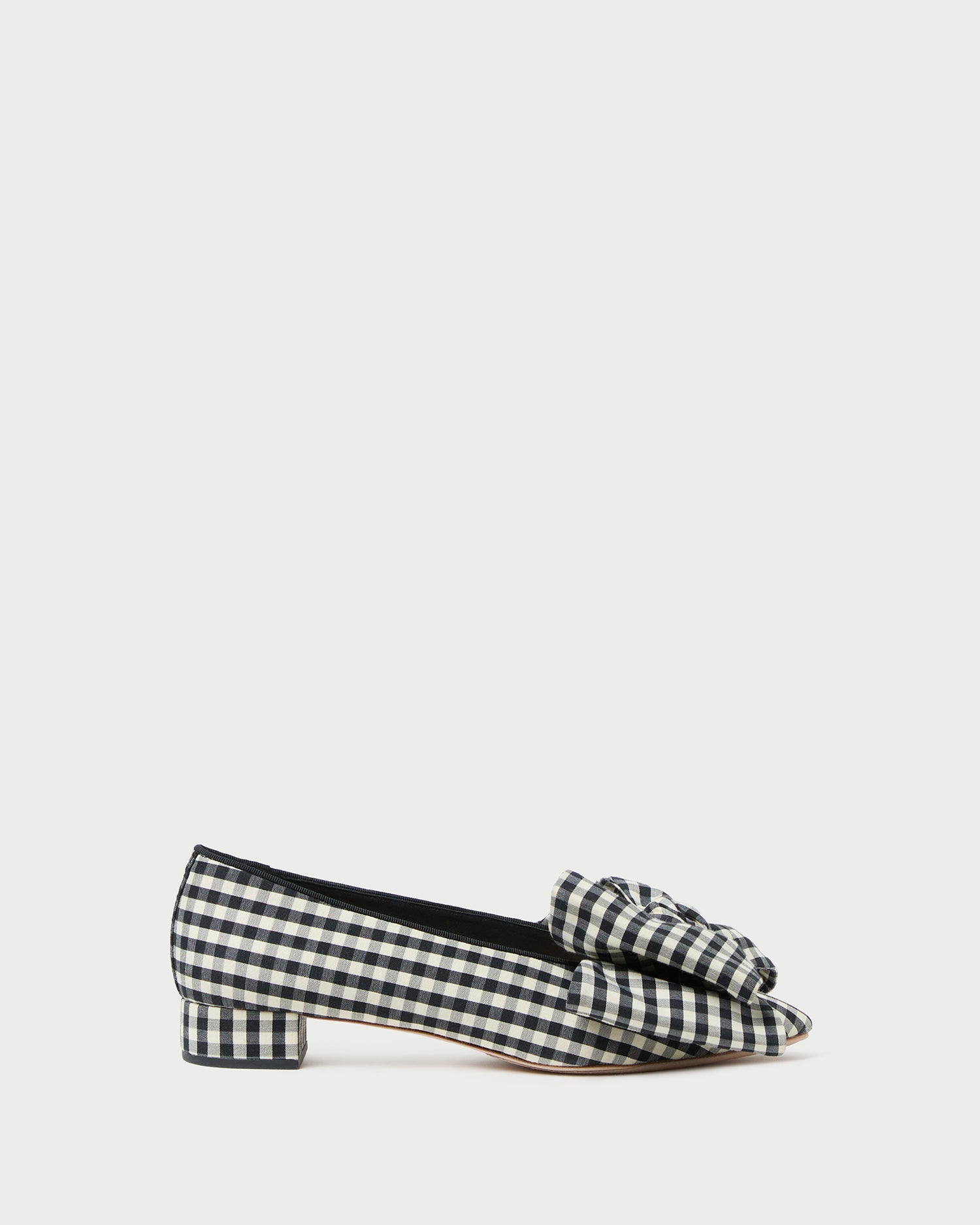 Noa Black/White Gingham Bow Flat in black/white gingham cotton.