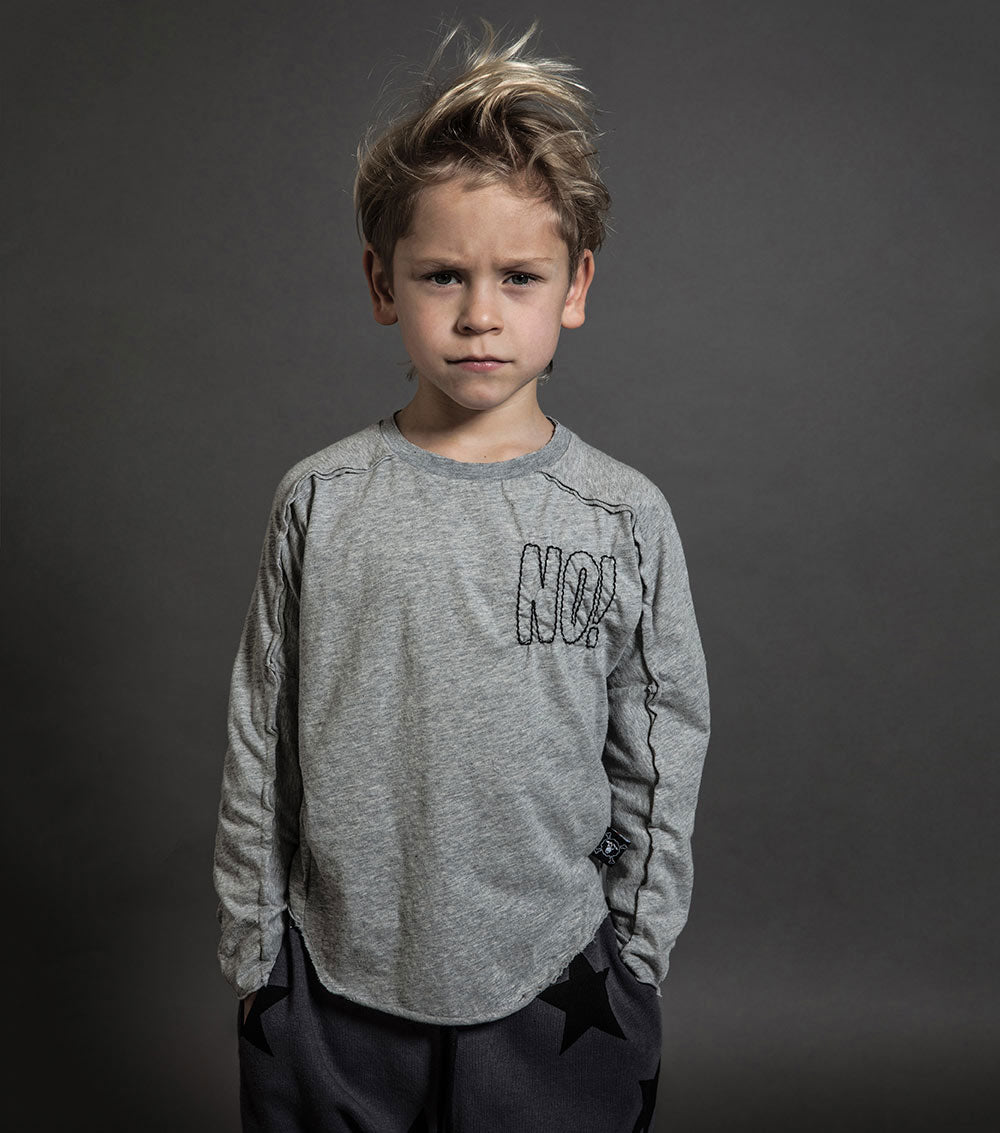 Kid | Embroidered No! Hemmed Shirt | Heather Grey