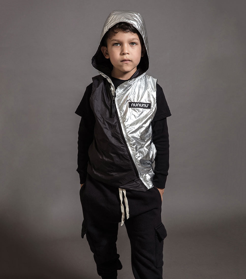 Kid | Half & Half Nylon Vest | Black x Silver