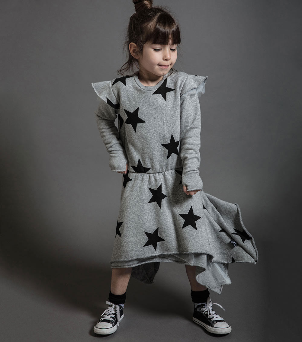 Kid | Ruffled Sleeve Star Dress | Black