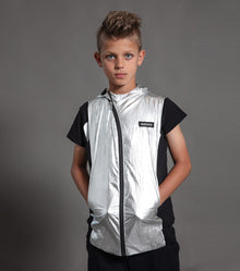 Kid | Duo Nylon Hooded Vest | Black x Silver