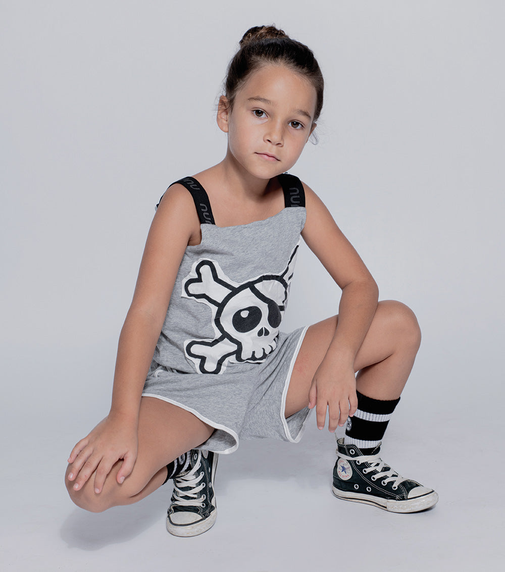 Kid | Skull Patch Tank Overall | Heather Grey