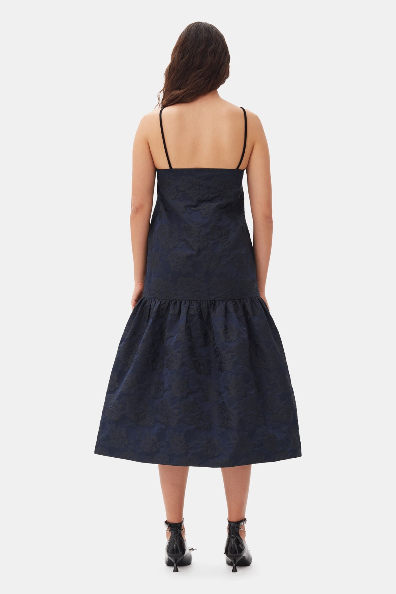 Navy Blue Botanical Jacquard Strap Midi Dress | Peacoat