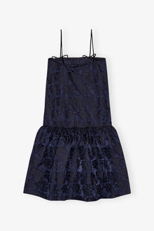 Navy Blue Botanical Jacquard Strap Midi Dress | Peacoat